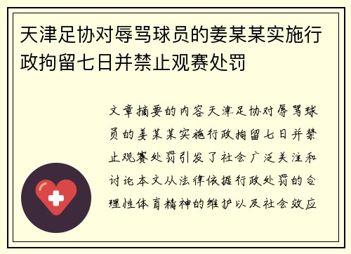 天津足协对辱骂球员的姜某某实施行政拘留七日并禁止观赛处罚