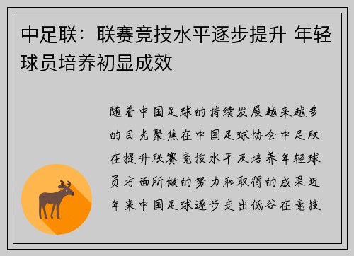中足联：联赛竞技水平逐步提升 年轻球员培养初显成效